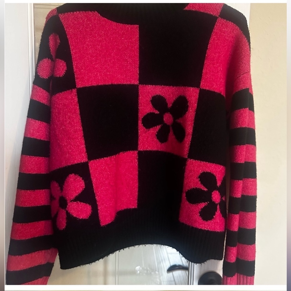 Zara warm Cozy Floral Printed Checkered OverSize Crewneck Sweater - Picture 3 of 12
